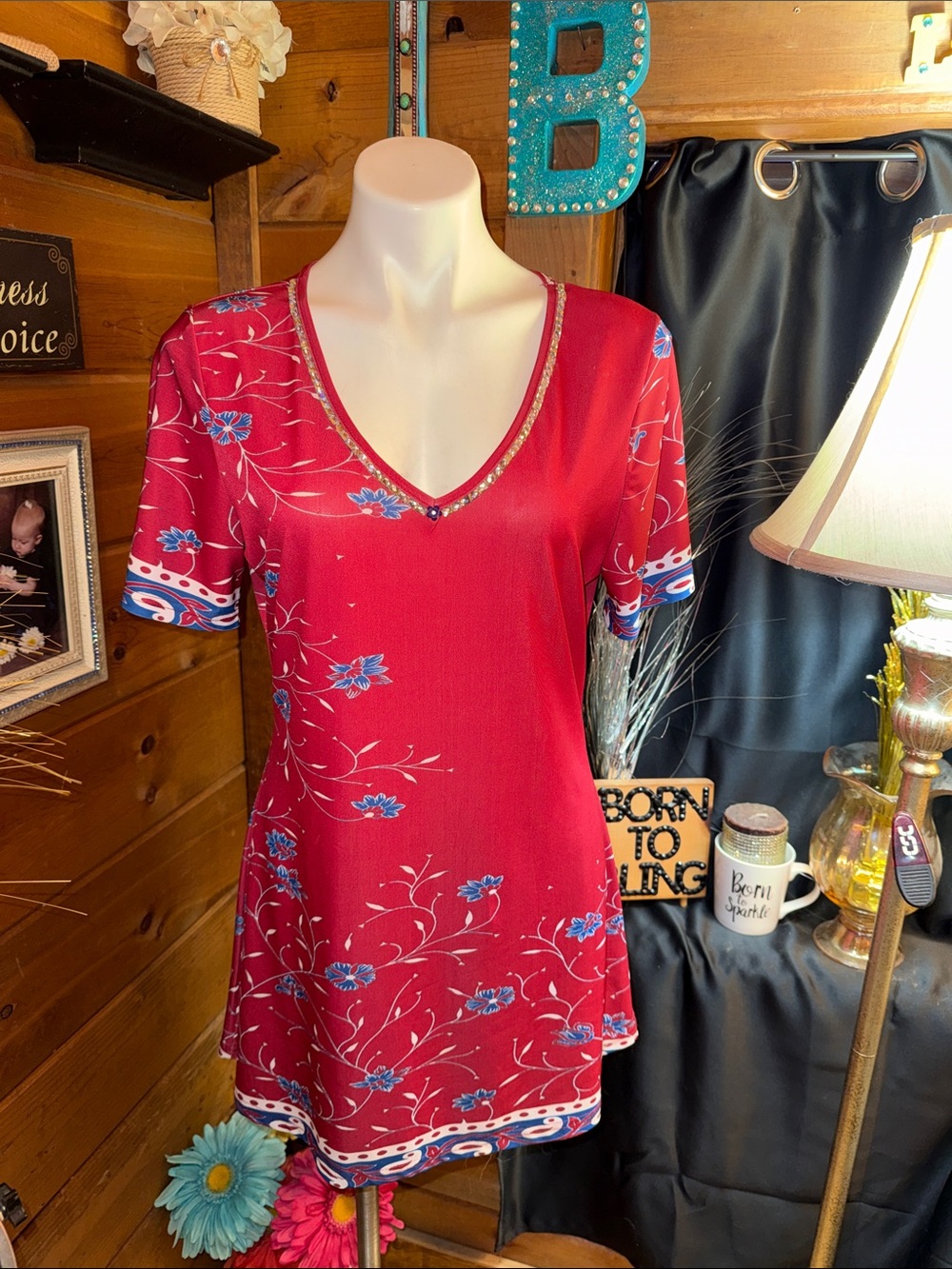 Red Floral V-Neck Women's TUNIC Top with sparkle Accents